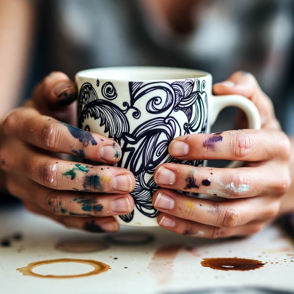 Paint-smeared hands holding Sharpie-decorated coffee mug