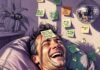 100+ Funny Jokes & Quotes That Instantly Boost Your Mood Man laughing hysterically on beanbag with popcorn and pun notes