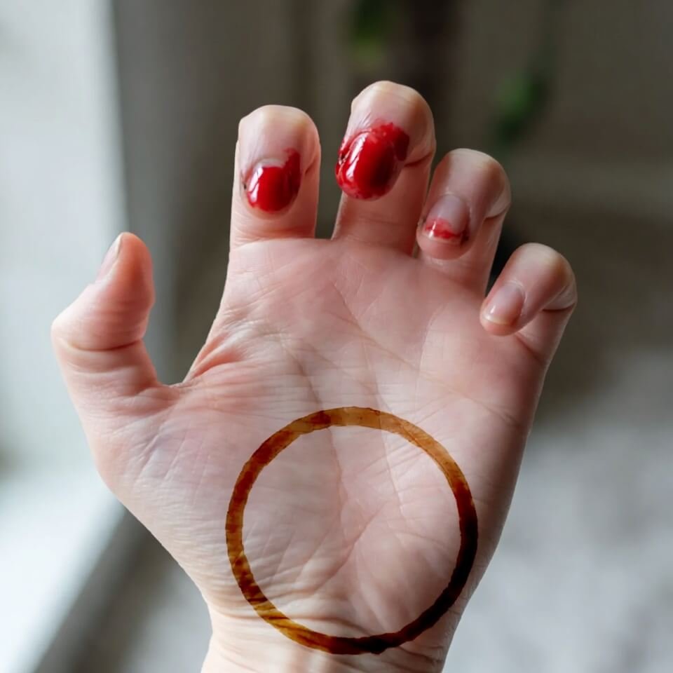 Smudged vegan nail polish fail with coffee ring