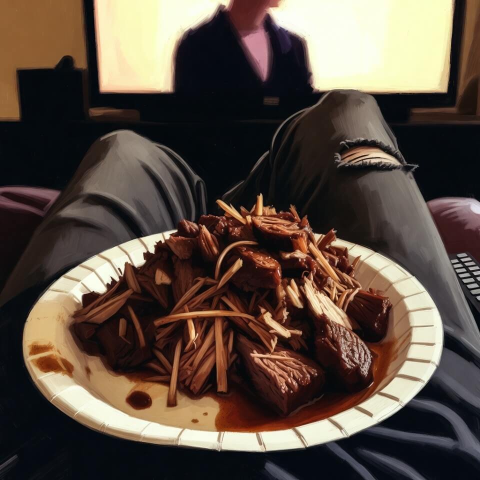 Messy pot roast on lap, holey sweatpants, TV remote