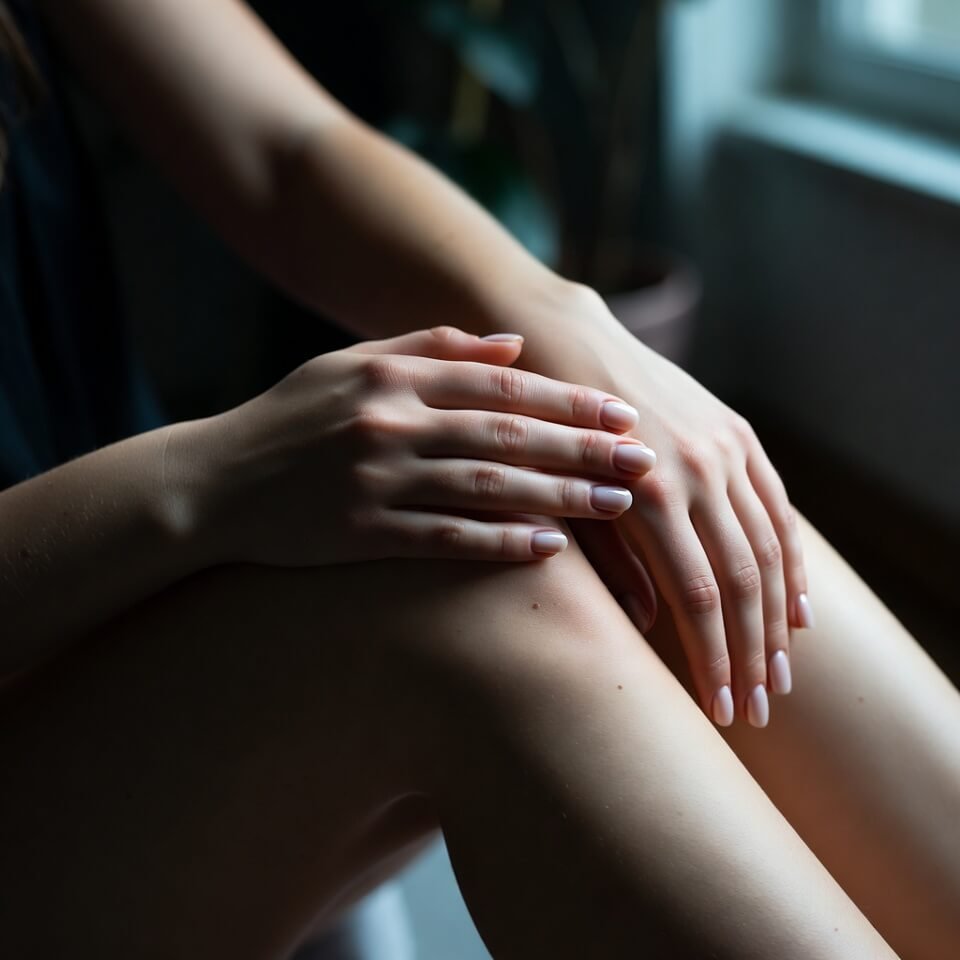 Fresh vegan nails resting on knee in soft light