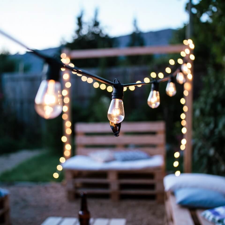 Uneven string lights over pallet seating at twilight