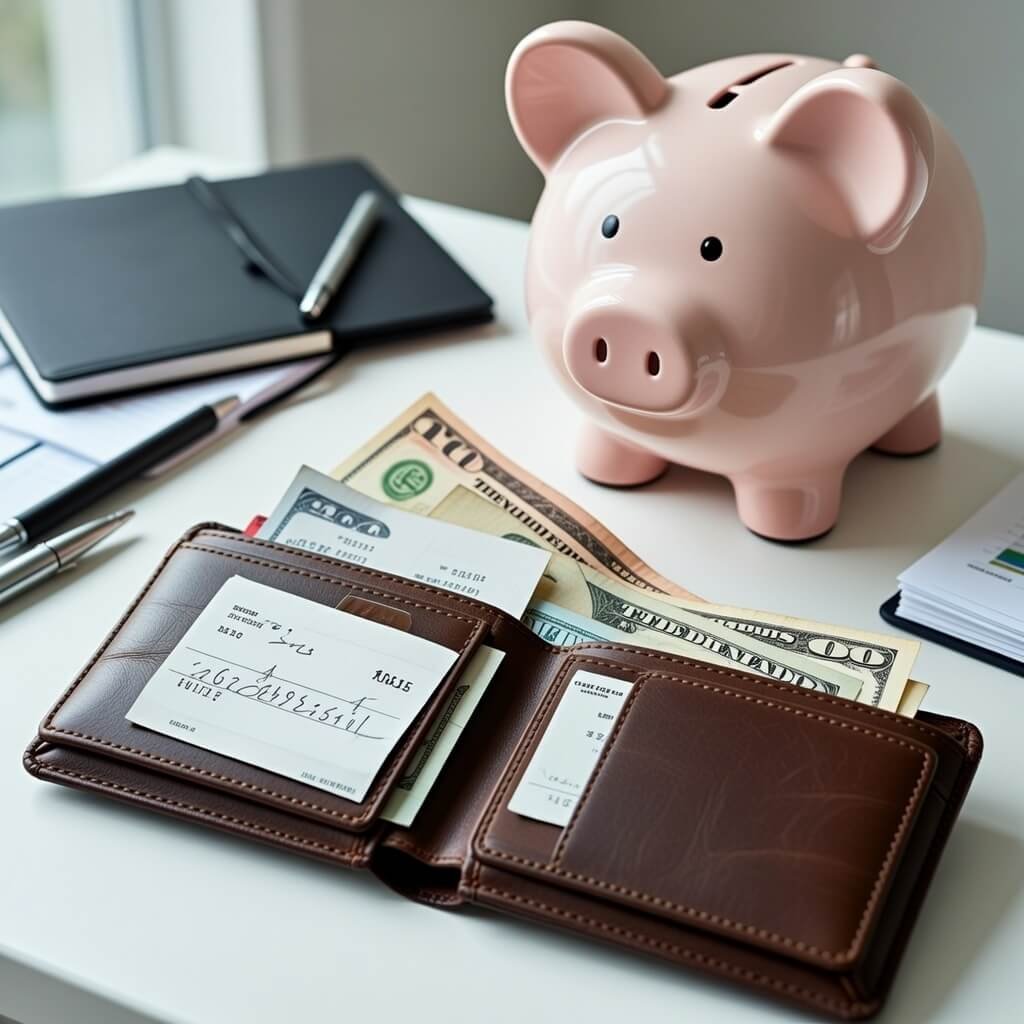 Open wallet with cash, receipts, oversized piggy bank.