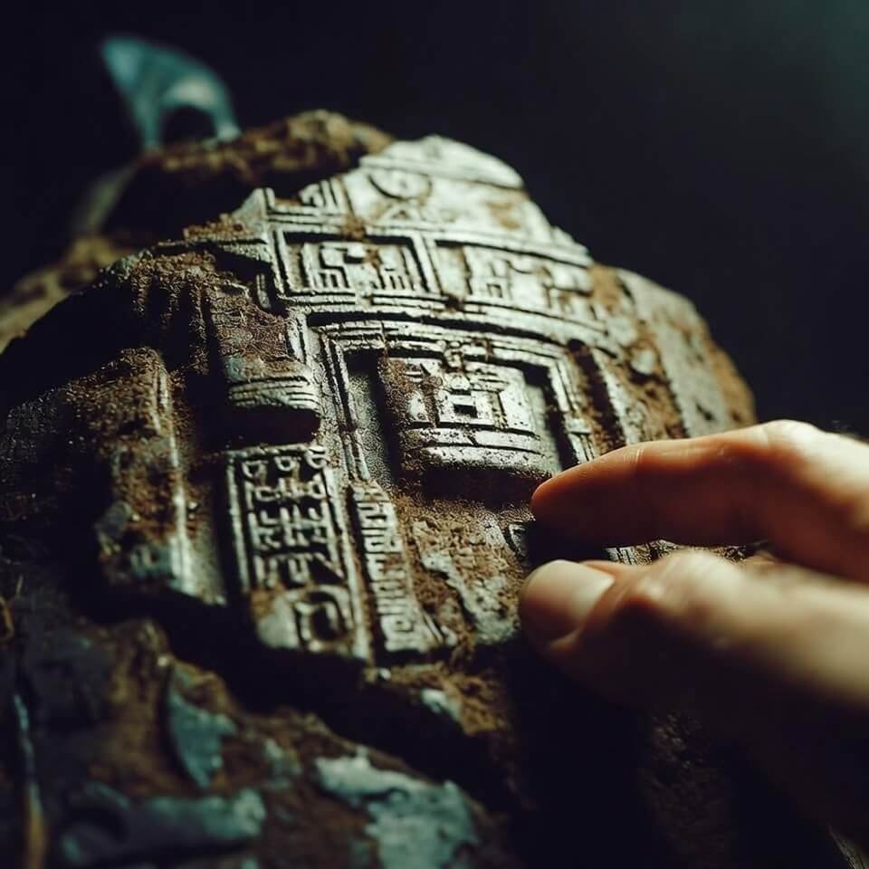 Close-up of weathered carvings touched by dirty fingertip