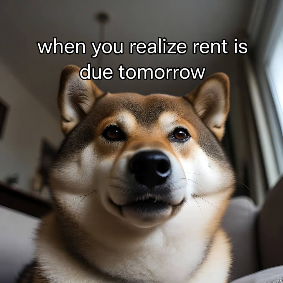 Close-up confused Shiba Inu with rent due text overlay