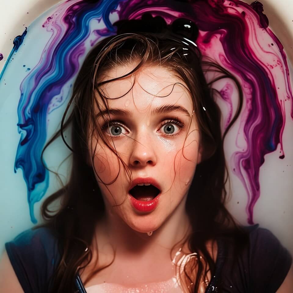 Dramatic colorful fizz swirling in the bath water.