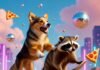 Funny Animal Stories & Pictures That Instantly Go Viral Chaotic dog and raccoon skateboarding with floating disco balls and pizza