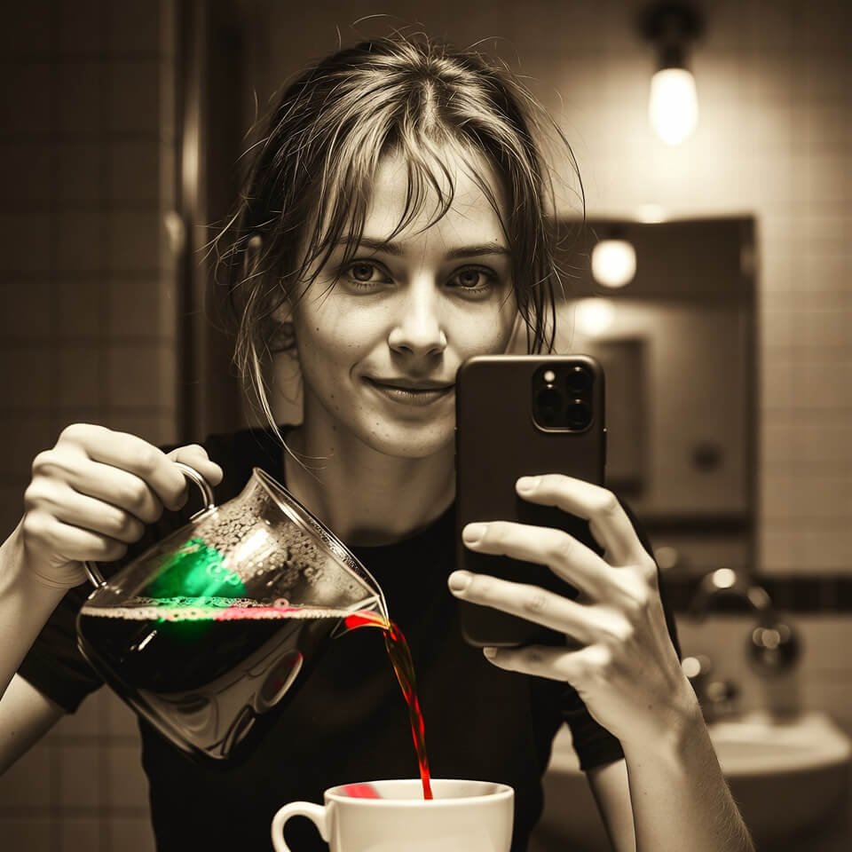 Greasy-haired mirror selfie pouring coffee in yellow bathroom light.