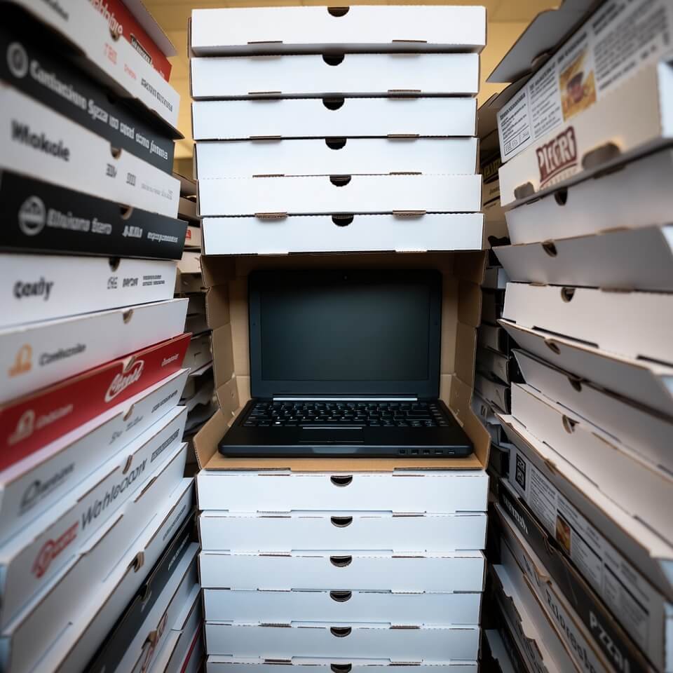 Laptop buried in massive pizza box fortress of shame