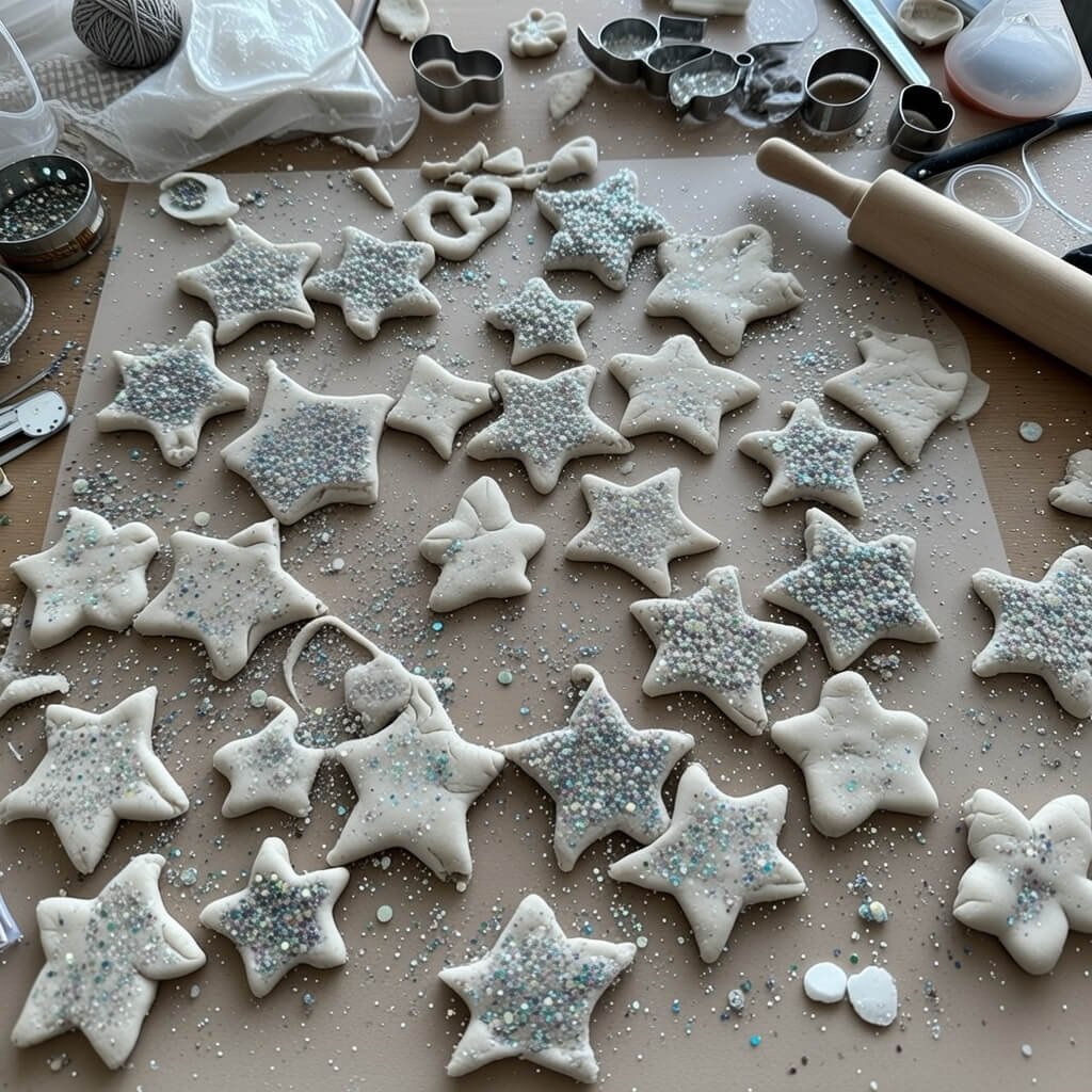 Wonky glittery salt dough star ornaments mid-project