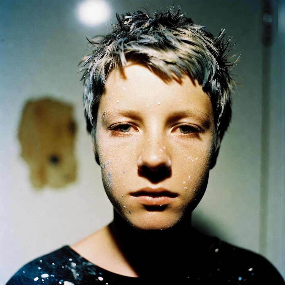 Blurry bathroom selfie, paint-splattered face, dead-eyed stare